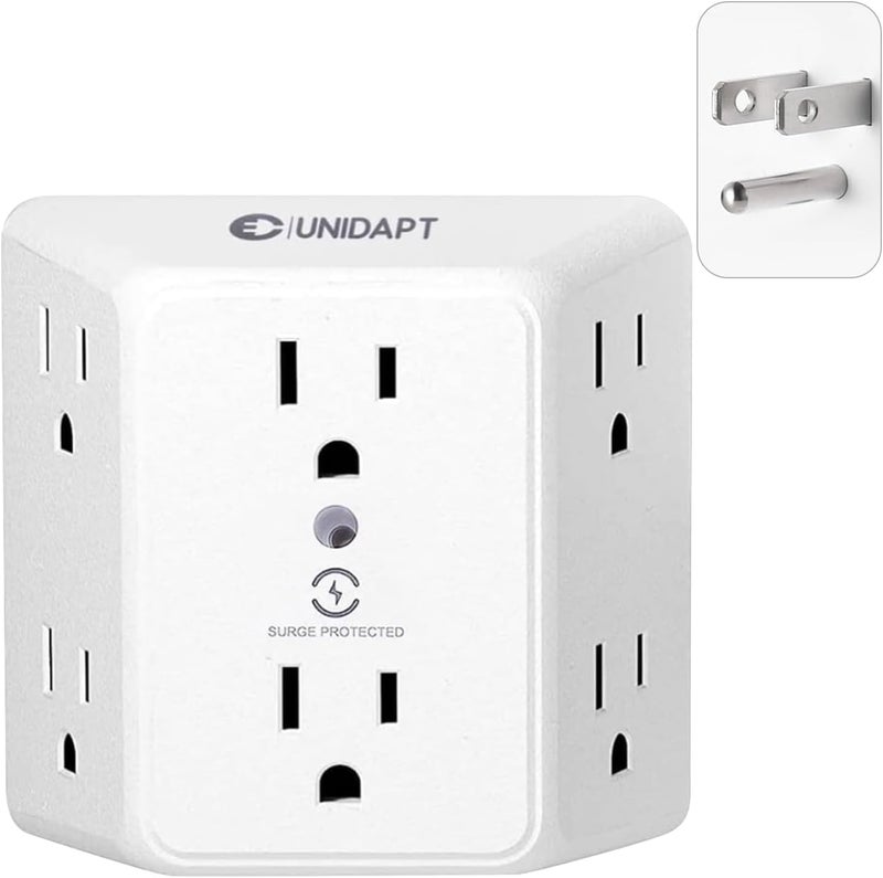 Unidapt 6 Outlet Wall Plug Extender 1-Pack, Surge Protector Power Strip 900J with 3-Sided Wide-Spaced Outlets, Multiple Charger Expander, Mountable Wall Tap for Home, Office & Travel - Image 1